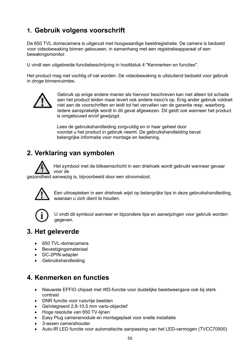 Gebruik volgens voorschrift, Verklaring van symbolen, Het geleverde | Kenmerken en functies | ABUS TVCC70500 User Manual | Page 55 / 83