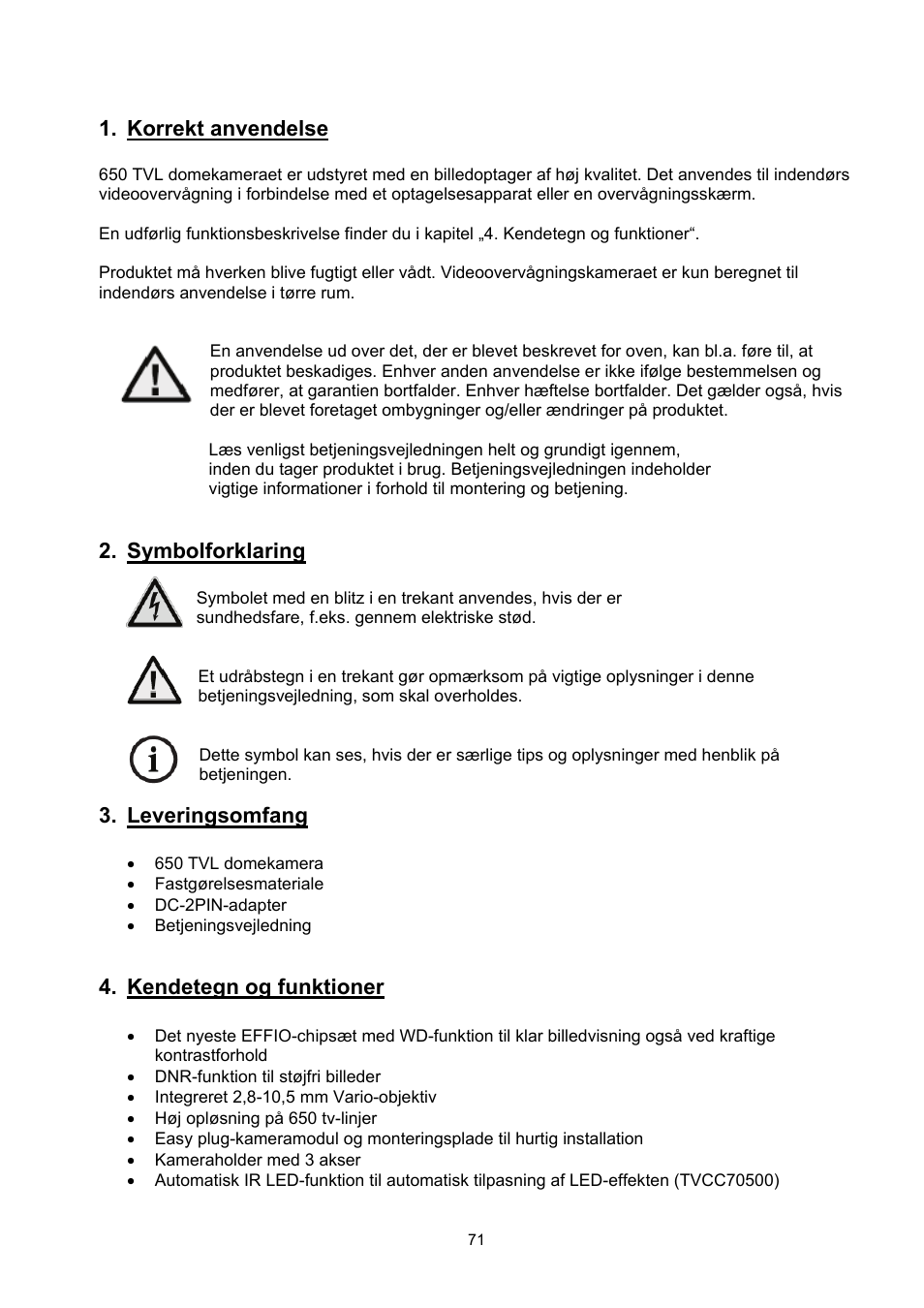 Korrekt anvendelse, Symbolforklaring, Leveringsomfang | Kendetegn og funktioner | ABUS TVCC70500 User Manual | Page 71 / 83