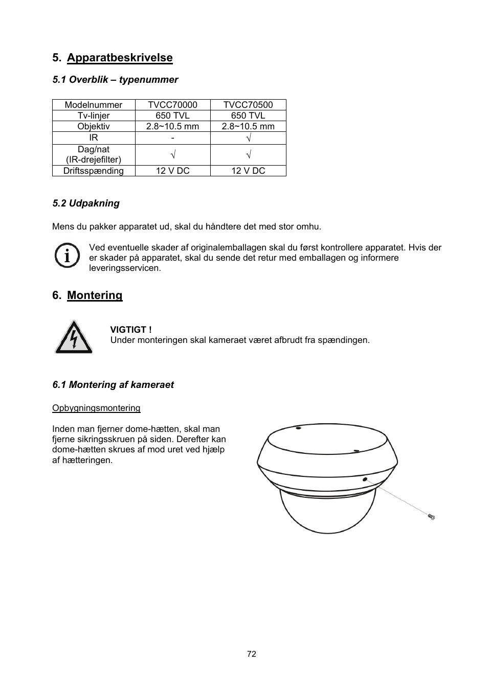 Apparatbeskrivelse, Montering | ABUS TVCC70500 User Manual | Page 72 / 83