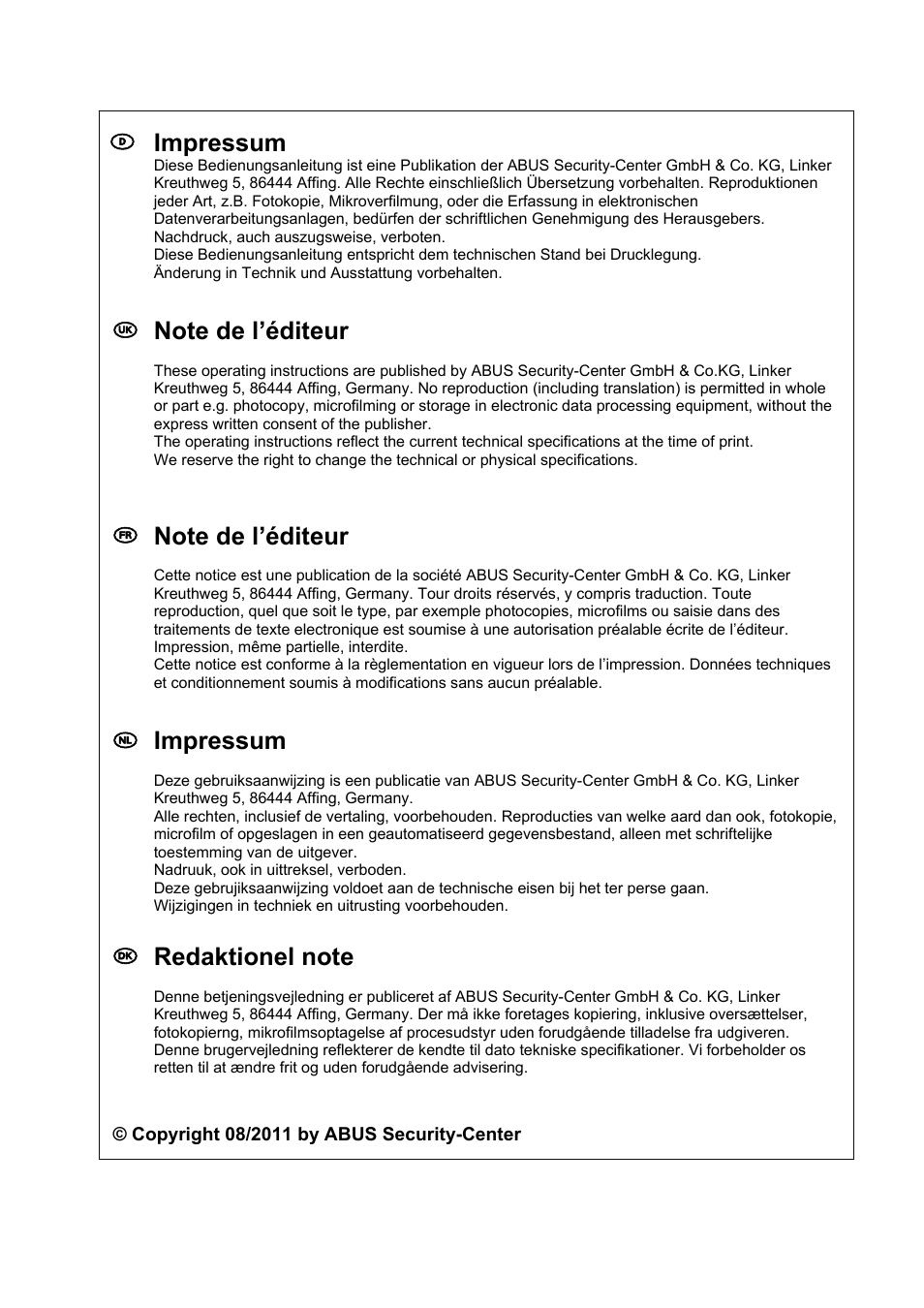 D impressum, Nl impressum | ABUS TVCC70500 User Manual | Page 83 / 83