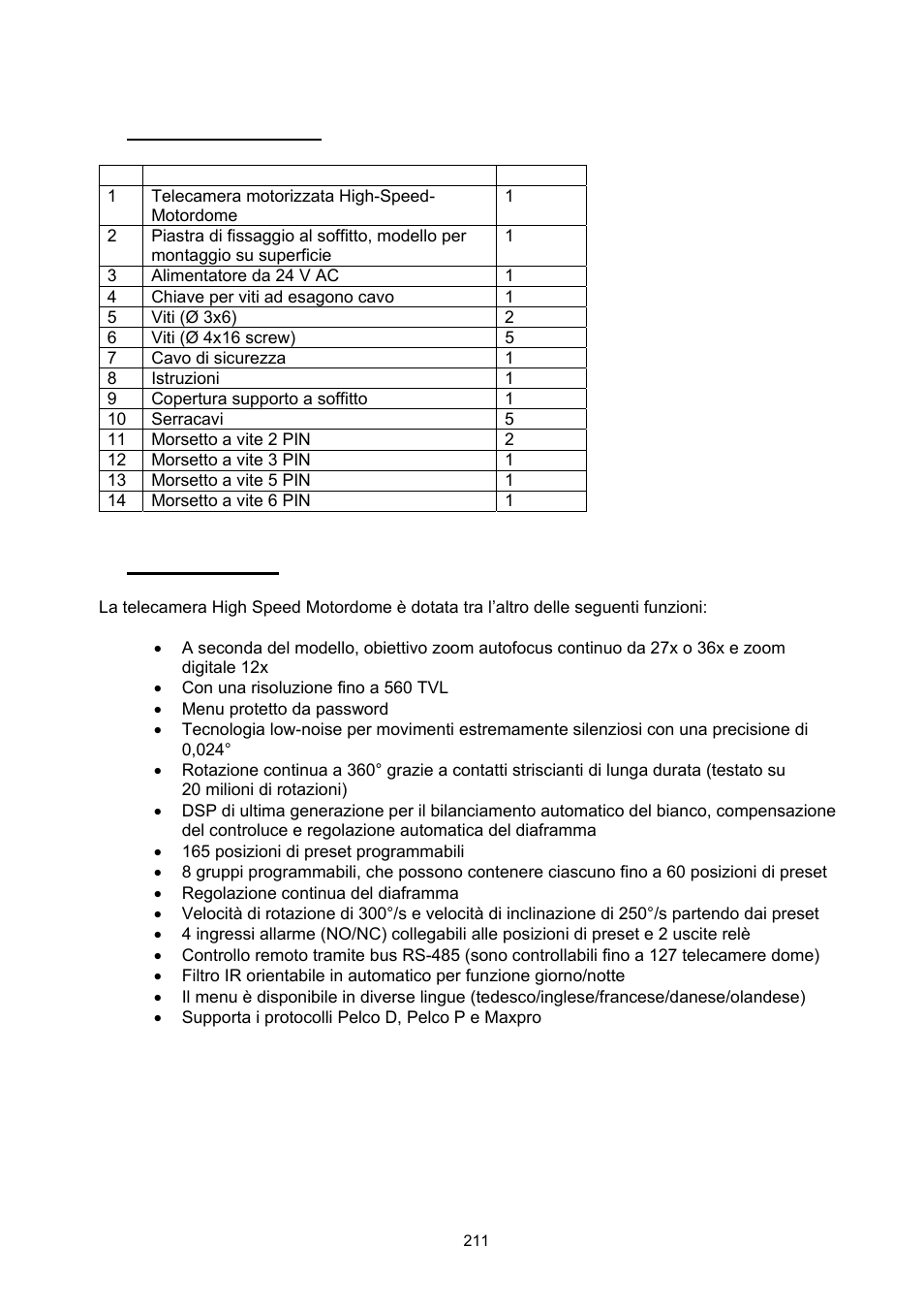 Componenti forniti, Caratteristiche | ABUS TVCC75200 User Manual | Page 211 / 248