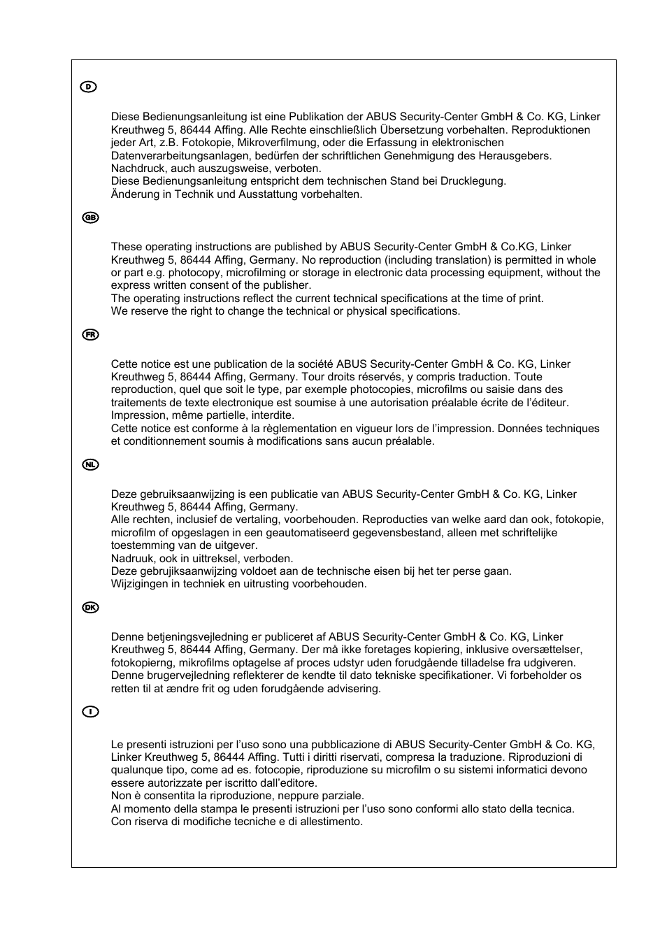 D impressum, Gb imprint, Nl impressum | Copyright | ABUS TVCC75200 User Manual | Page 248 / 248