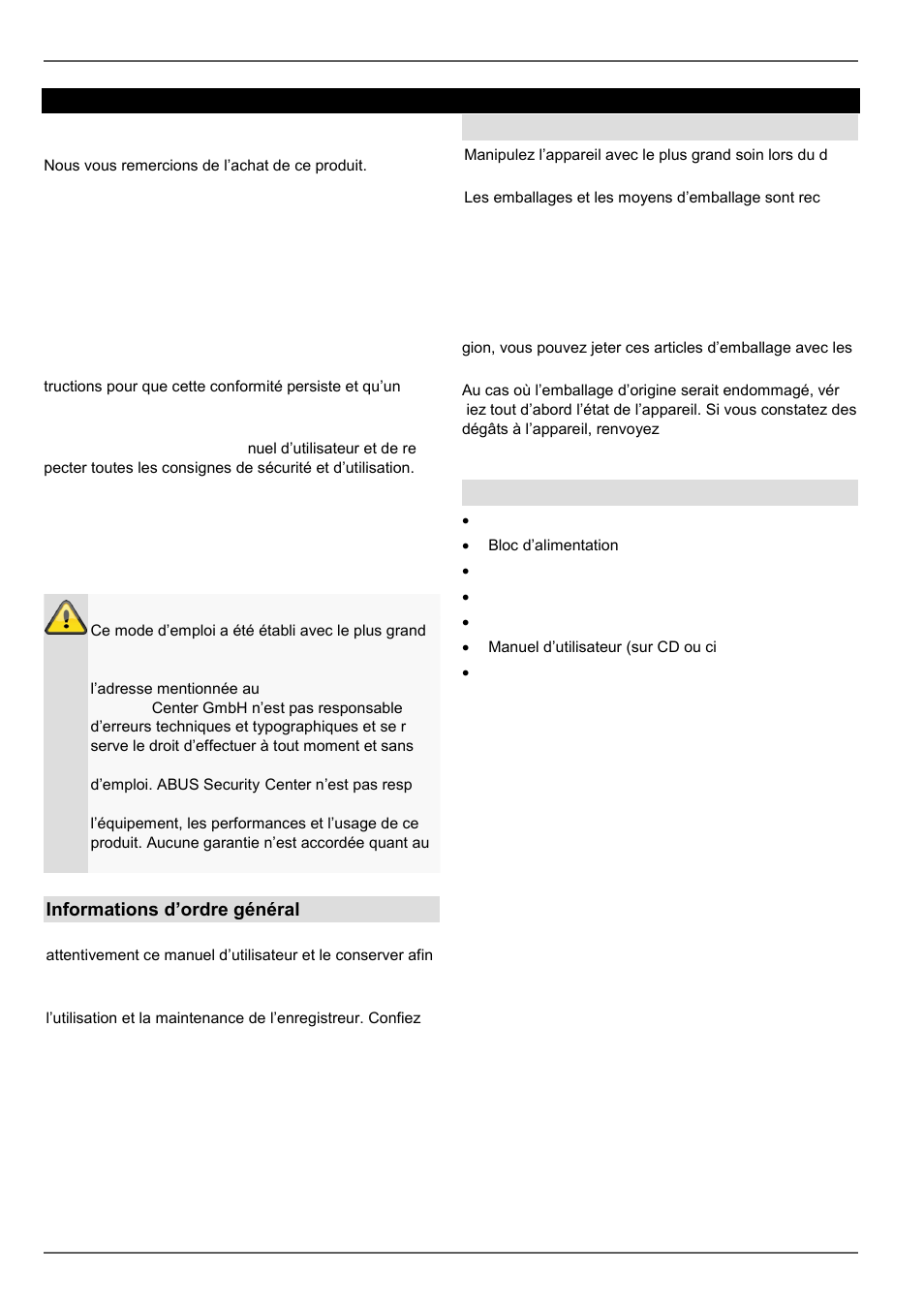 Préface, Informations d’ordre général, Déballage | Contenu de la livraison | ABUS TVVR30004 Operating instructions User Manual | Page 184 / 569