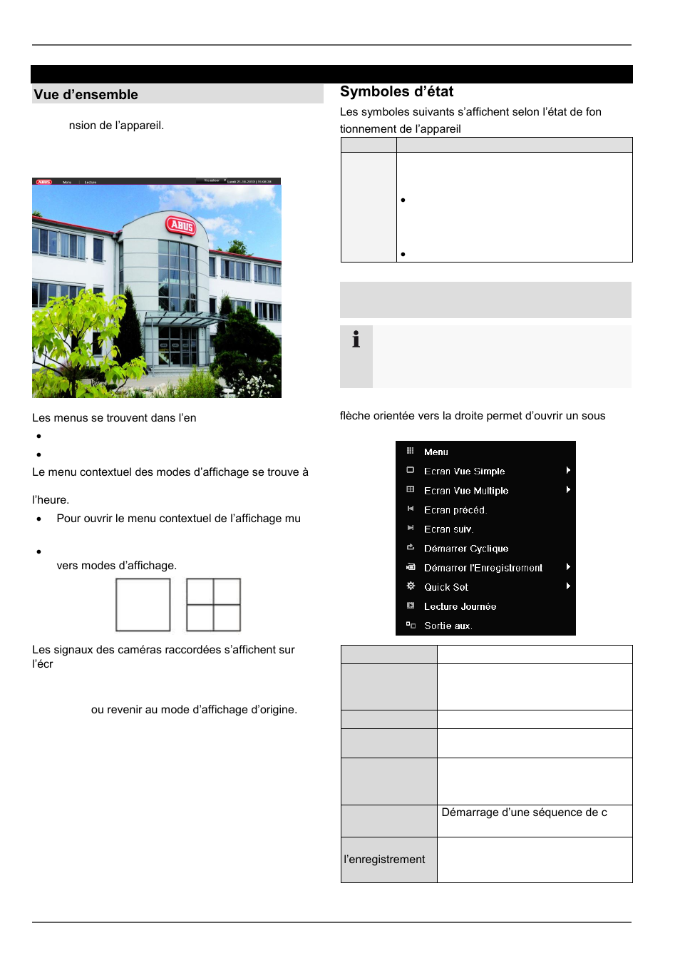 Symboles d’état, Mode live, Vue d’ensemble | Menu contextuel en cas de commande à la souris | ABUS TVVR30004 Operating instructions User Manual | Page 189 / 569