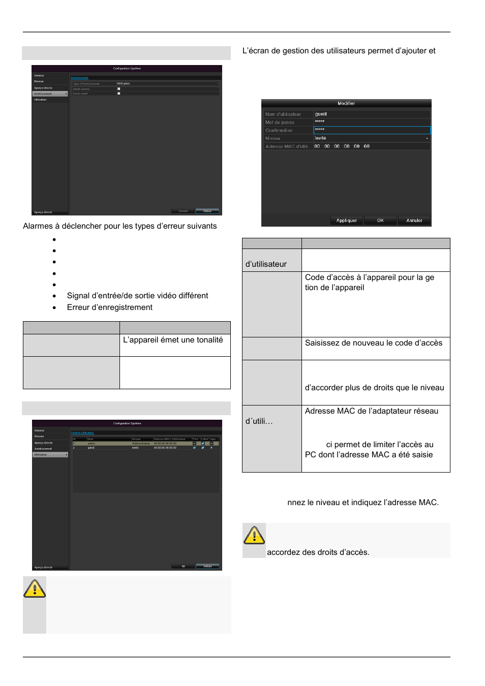Configuration de système, Avertissement, Utilisateur | ABUS TVVR30004 Operating instructions User Manual | Page 202 / 569
