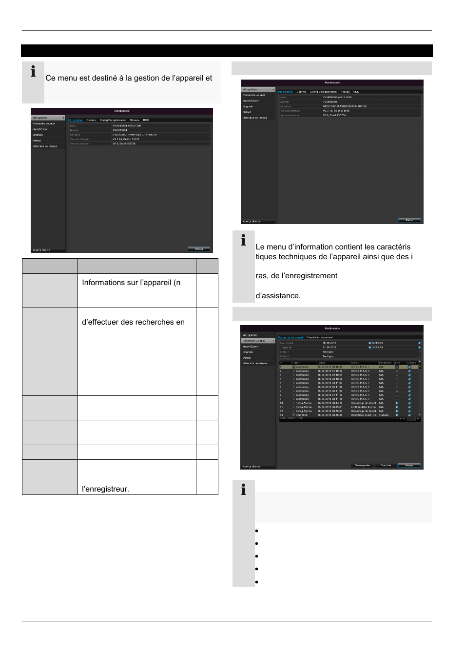 Maintenance, Info système, Recherche de journal | ABUS TVVR30004 Operating instructions User Manual | Page 217 / 569