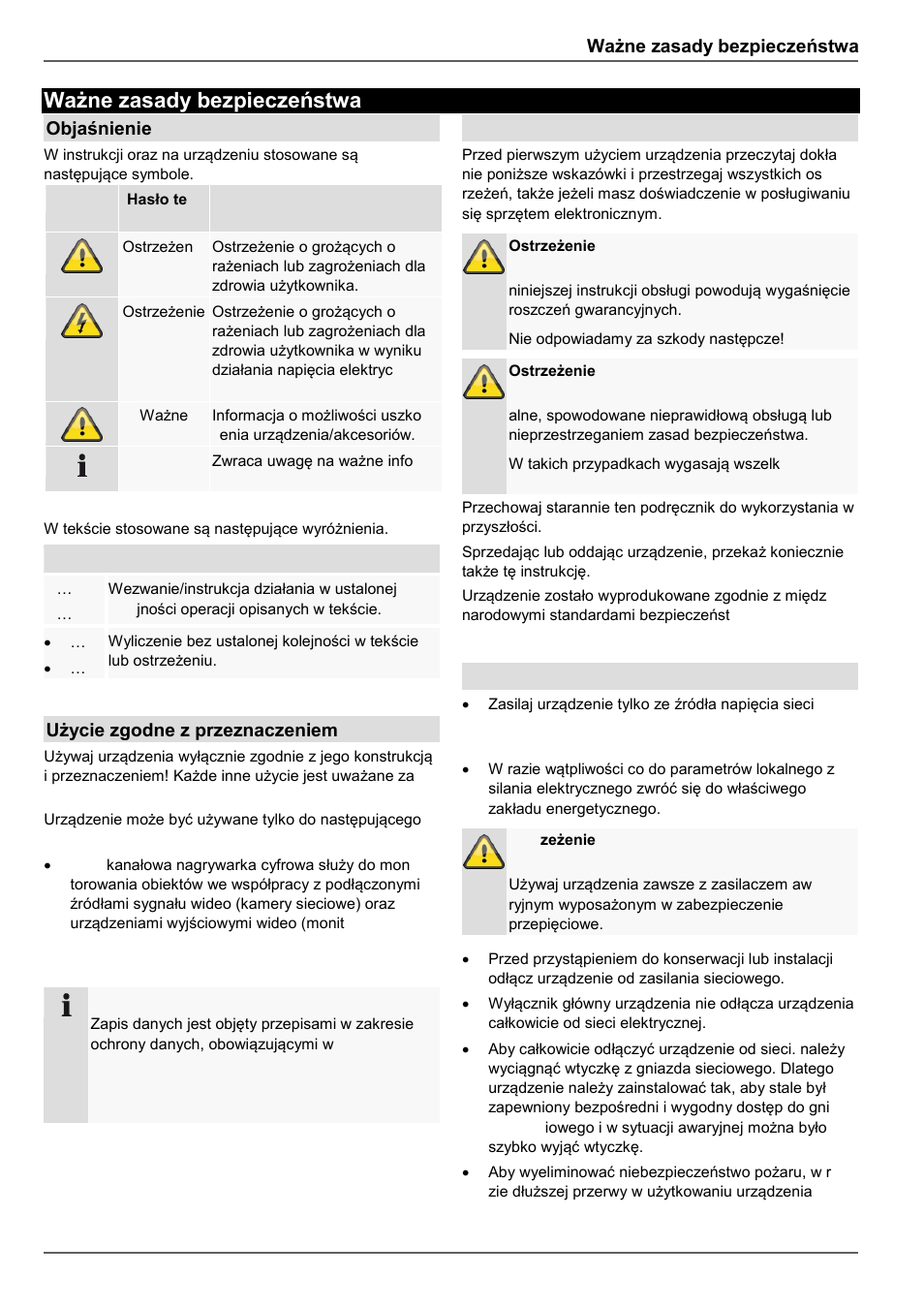 Ważne zasady bezpieczeństwa, Objaśnienie symboli, Użycie zgodne z przeznaczeniem | Ogólne informacje, Zasilanie elektryczne | ABUS TVVR30004 Operating instructions User Manual | Page 352 / 569