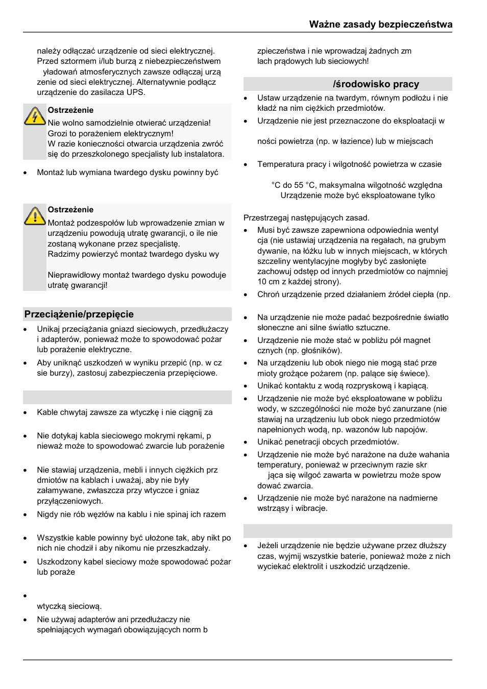 Ważne zasady bezpieczeństwa, Przeciążenie/przepięcie, Kable | Miejsce ustawienia /środowisko pracy, Pilot | ABUS TVVR30004 Operating instructions User Manual | Page 353 / 569