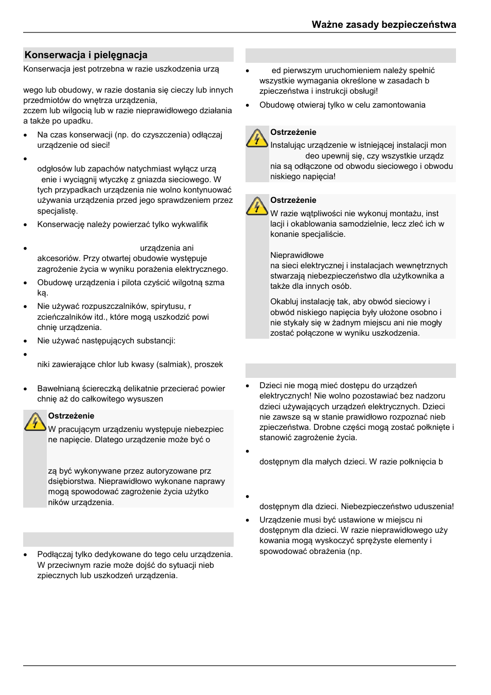 Ważne zasady bezpieczeństwa, Konserwacja i pielęgnacja, Akcesoria | Uruchomienie, Dzieci | ABUS TVVR30004 Operating instructions User Manual | Page 354 / 569
