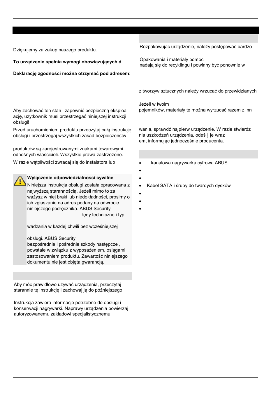 Wprowadzenie, Ogólne informacje, Rozpakowanie | Zakres dostawy | ABUS TVVR30004 Operating instructions User Manual | Page 355 / 569