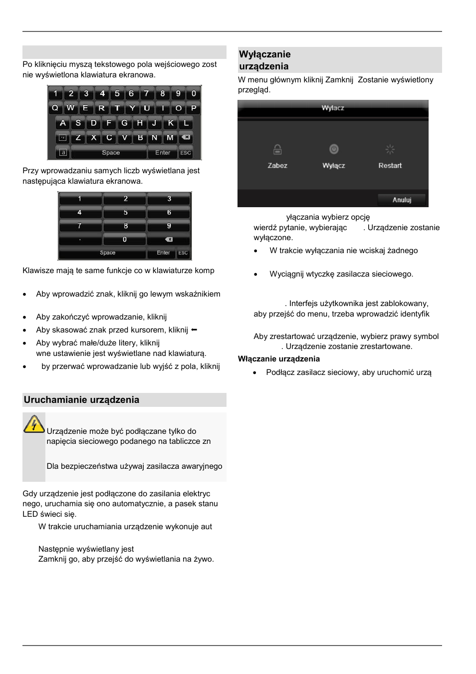 Wprowadzenie, Klawiatura ekranowa, Uruchamianie urządzenia | Wyłączanie, blokowanie, restartowanie urządzenia | ABUS TVVR30004 Operating instructions User Manual | Page 356 / 569