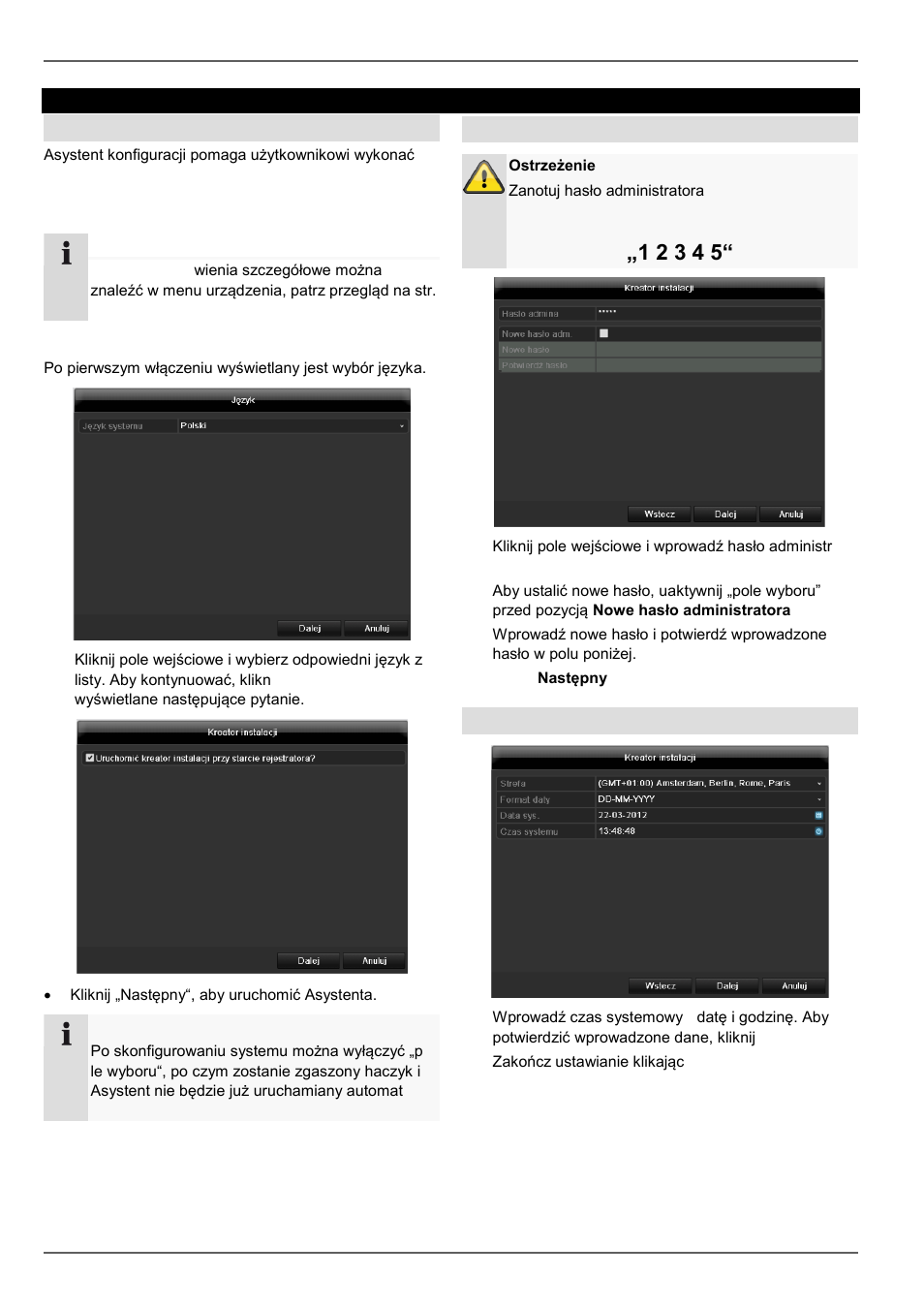 Asystent konfiguracji, Konfigurowanie systemu, Konfigurowanie administratora | Czas i data systemowa | ABUS TVVR30004 Operating instructions User Manual | Page 358 / 569