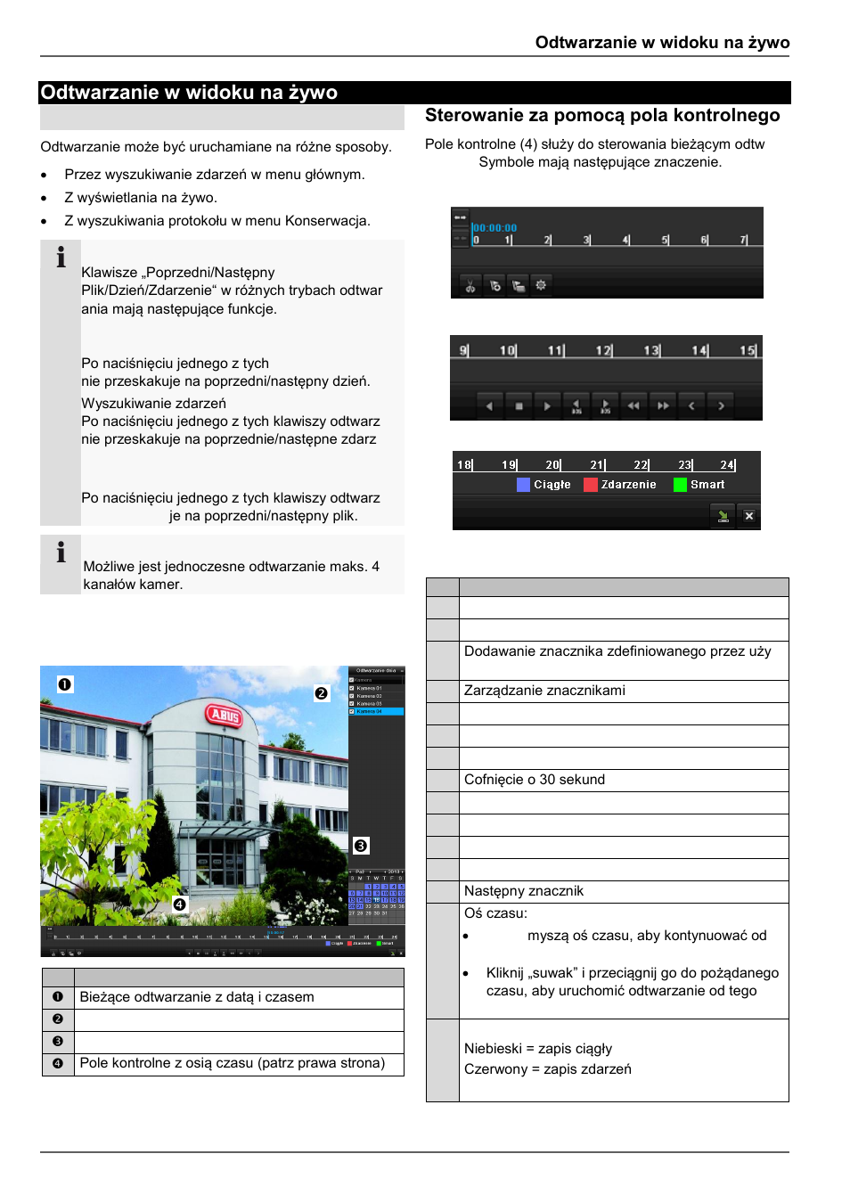 Ekran odtwarzania, Sterowanie za pomocą pola kontrolnego, Odtwarzanie w widoku na żywo | Ogólne | ABUS TVVR30004 Operating instructions User Manual | Page 362 / 569