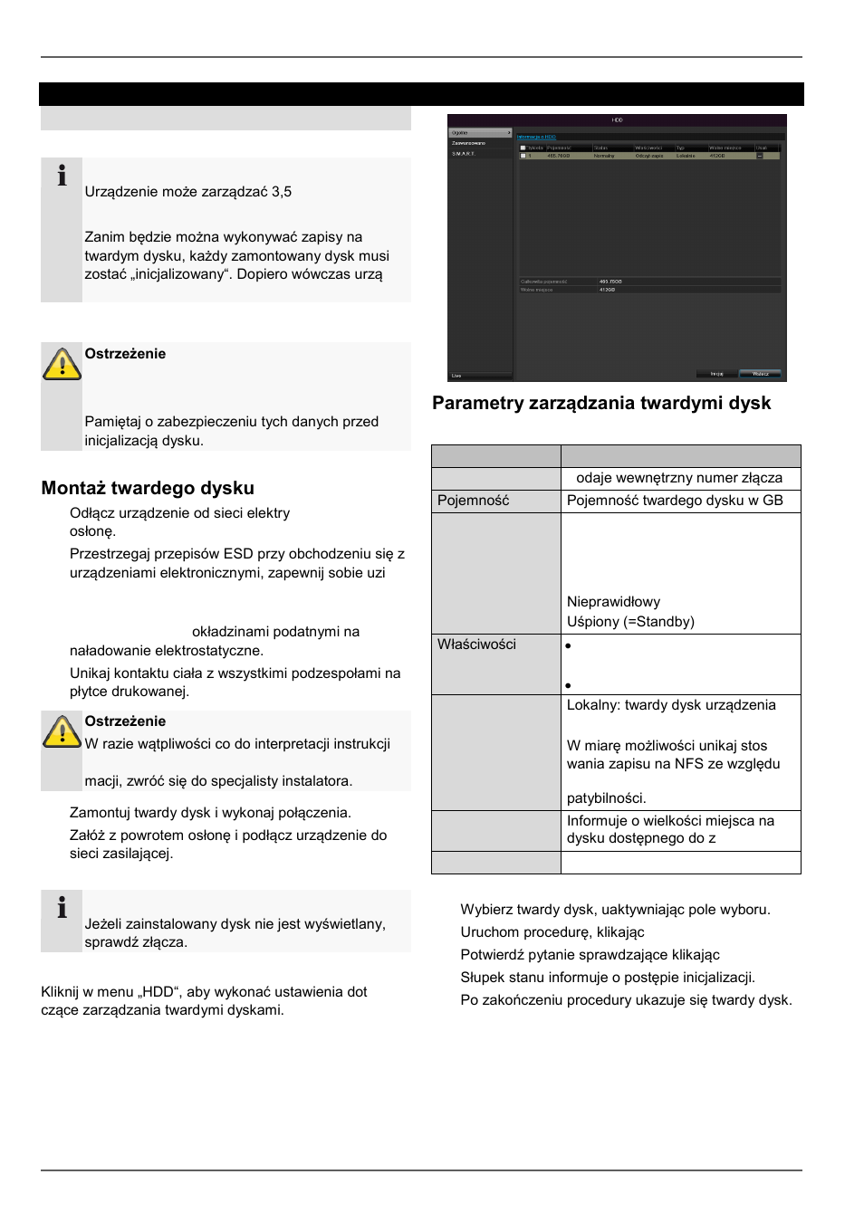 Montaż twardego dysku, Parametry zarządzania twardymi dyska- mi, Zarzadzanie hdd | Twarde dyski | ABUS TVVR30004 Operating instructions User Manual | Page 381 / 569