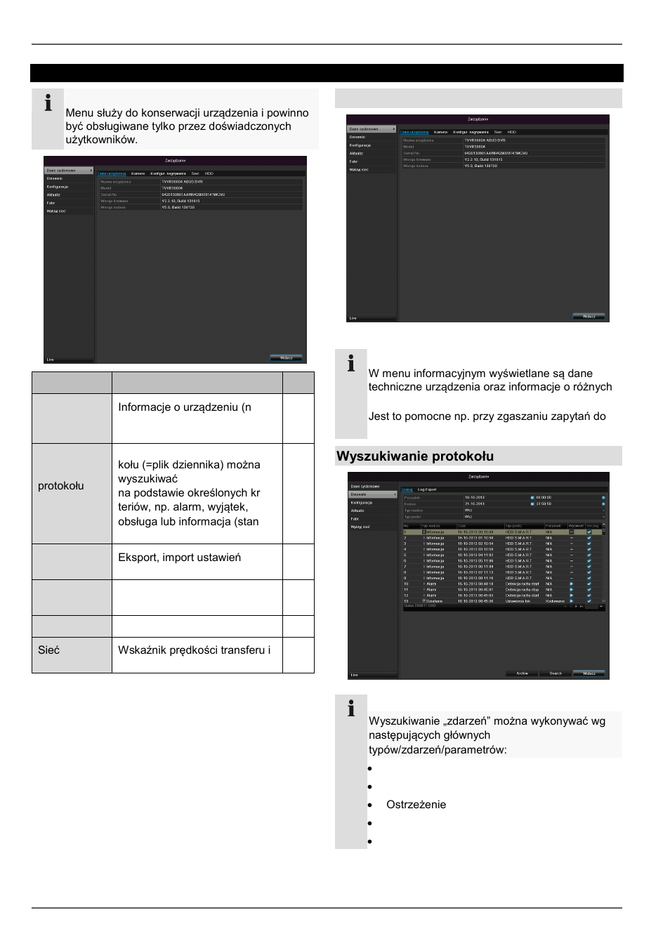 Konserwacja, Informacja o systemie, Wyszukiwanie protokołu | ABUS TVVR30004 Operating instructions User Manual | Page 387 / 569