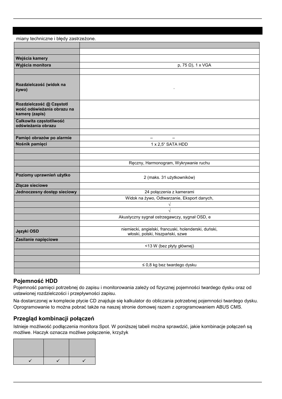 Dane techniczne, Pojemność hdd, Przegląd kombinacji połączeń | ABUS TVVR30004 Operating instructions User Manual | Page 393 / 569