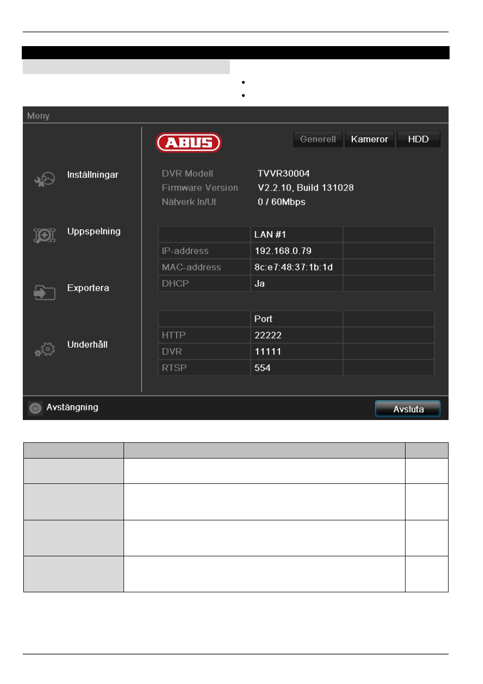 Menybeskrivning, Produktmeny, Menyöversikt | ABUS TVVR30004 Operating instructions User Manual | Page 421 / 569