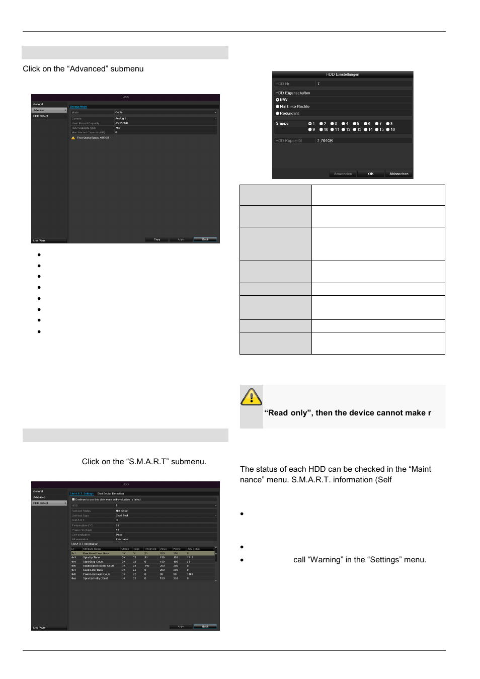 Checking the hdd status, Hdd settings of the cameras, S.m.a.r.t | ABUS TVVR30004 Operating instructions User Manual | Page 98 / 569