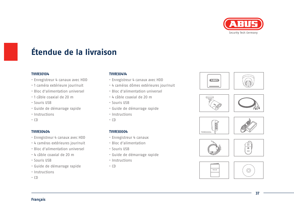 Étendue de la livraison | ABUS TVVR30004 Quick operating instructions User Manual | Page 37 / 162