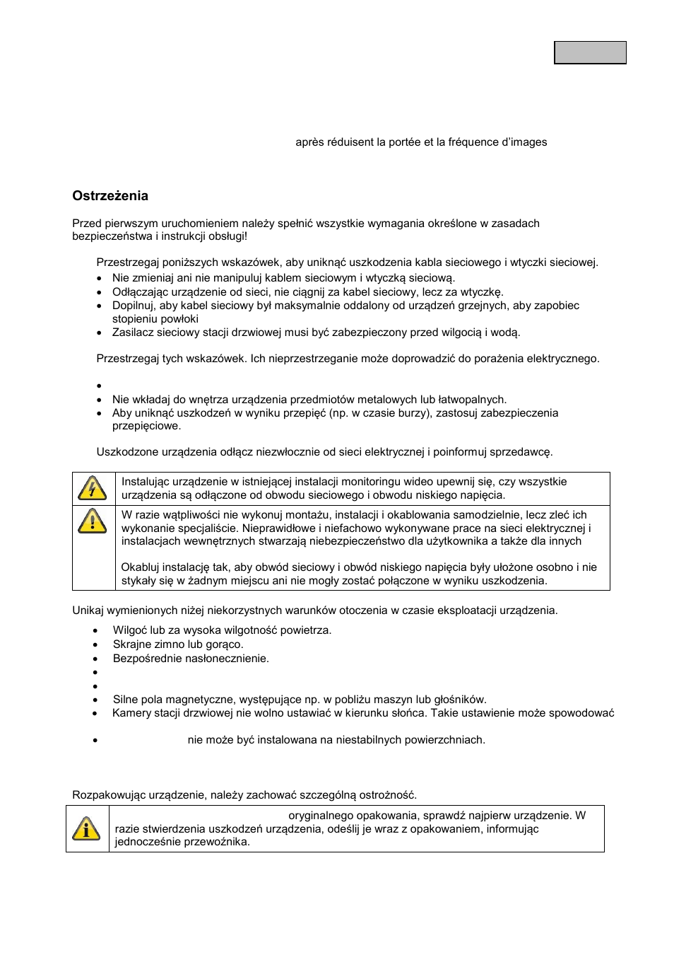 Ostrzeżenia, Rozpakowanie | ABUS TVAC16000B User Manual | Page 40 / 139