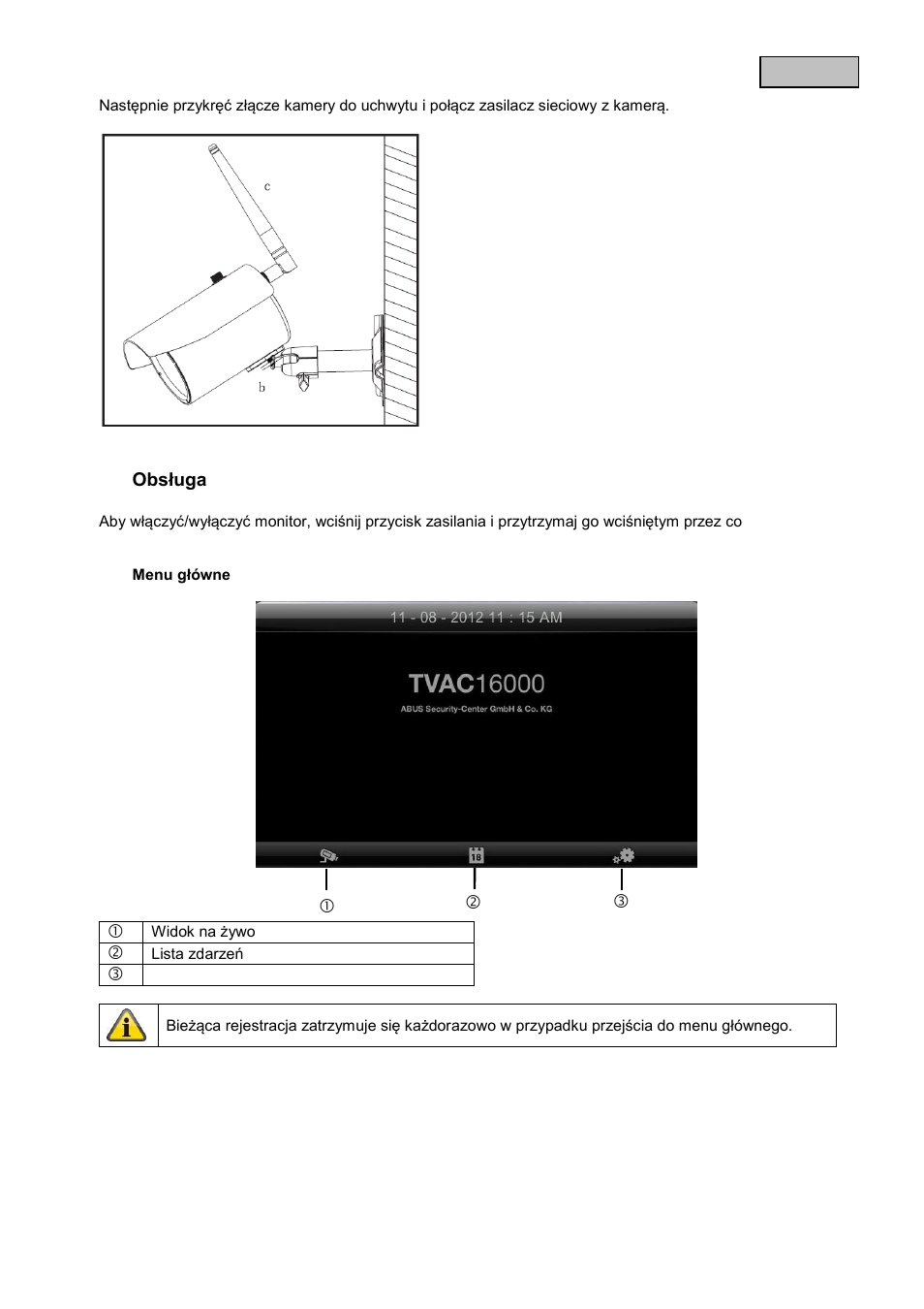 Obsługa, Menu główne | ABUS TVAC16000B User Manual | Page 47 / 139
