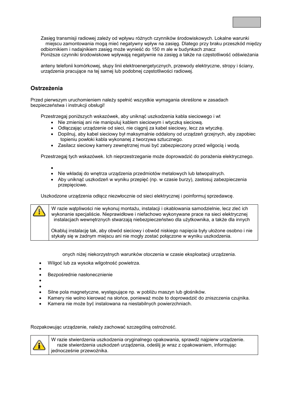 Polski, Ostrzeżenia, Rozpakowanie | ABUS TVAC16010B User Manual | Page 26 / 43