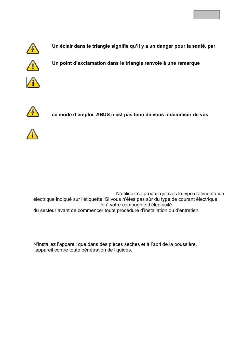 Explication des symboles, Conseils de sécurité importants | ABUS TVVR11002 User Manual | Page 38 / 134