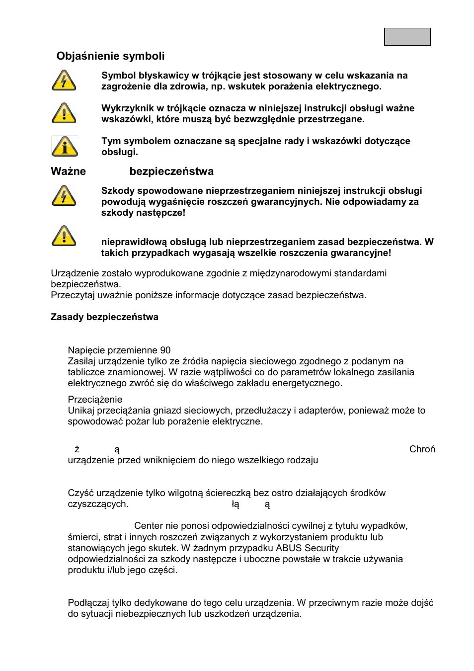 Objaśnienie symboli, Ważne zasady bezpieczeństwa | ABUS TVVR11002 User Manual | Page 87 / 134