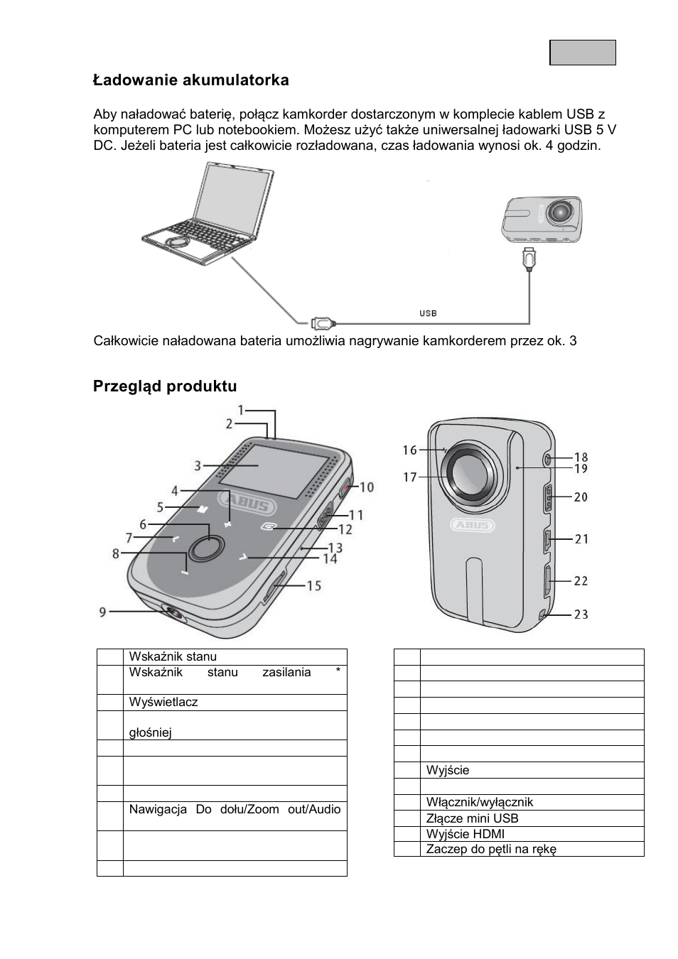 Ładowanie akumulatorka, Przegląd produktu | ABUS TVVR11002 User Manual | Page 91 / 134