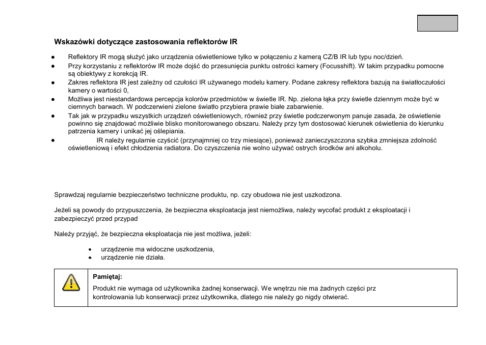 Wskazówki dotyczące zastosowania reflektorów ir, Konserwacja i czyszczenie, Konserwacja | ABUS TVAC711x0 User Manual | Page 72 / 90