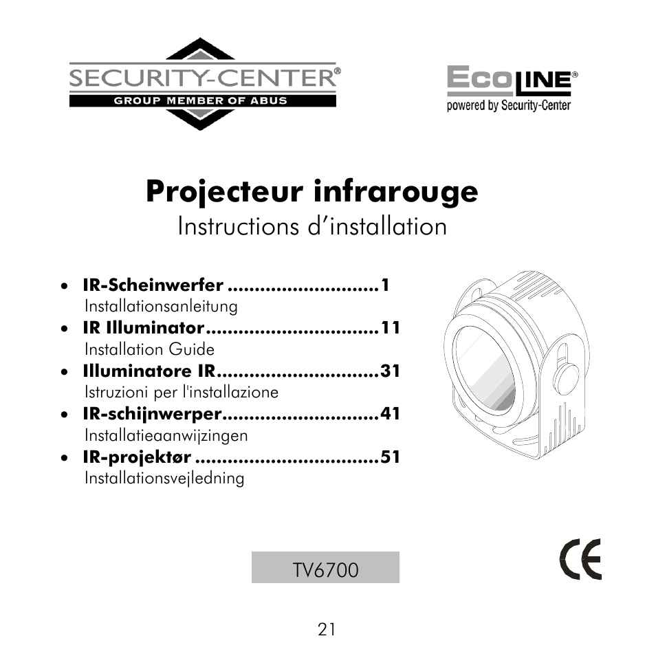 Projecteur infrarouge, Instructions d’installation | ABUS TV6700 User Manual | Page 21 / 60