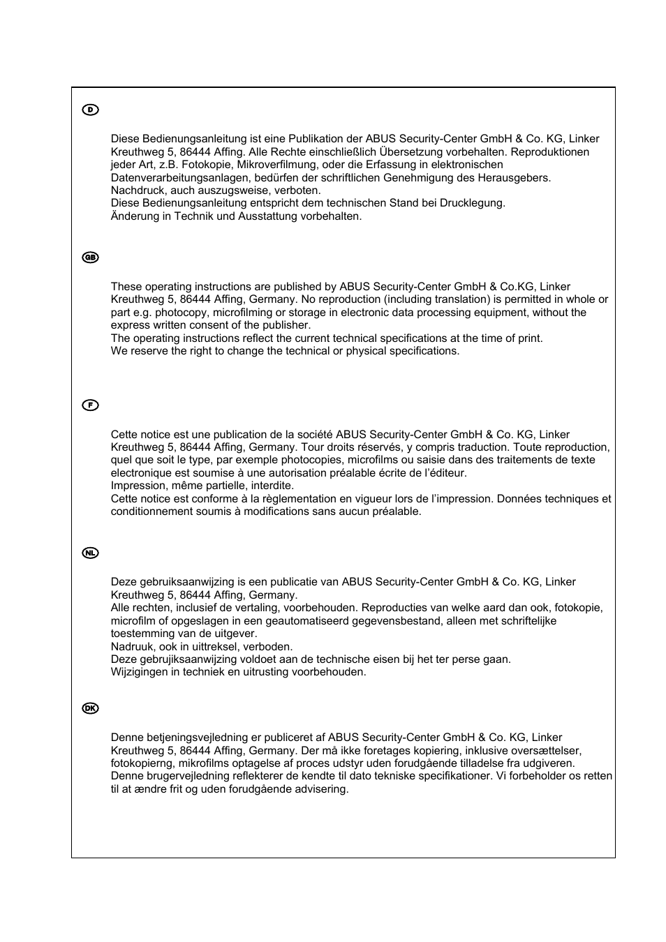 D impressum, Gb imprint, Nl impressum | ABUS TVAC10000 User Manual | Page 92 / 92