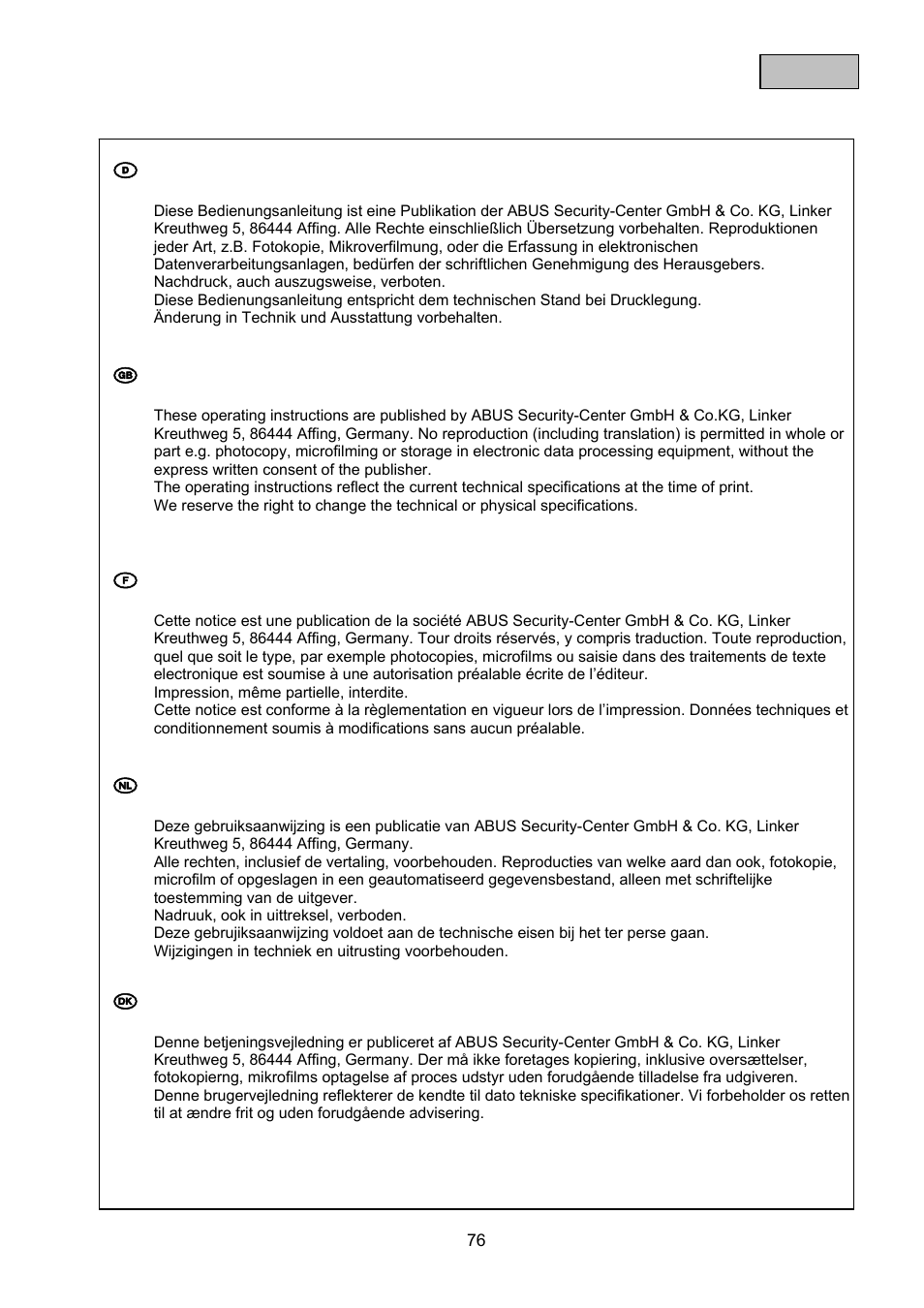 D impressum, Gb imprint, Nl impressum | ABUS TVAC10100 User Manual | Page 76 / 76