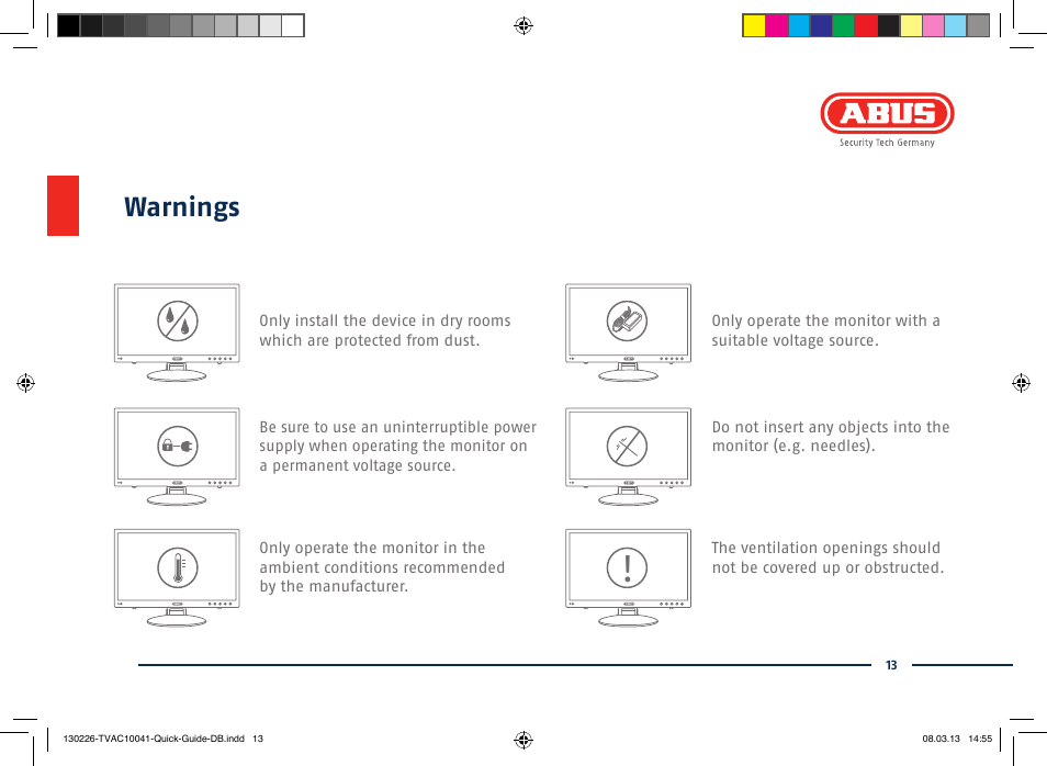 Warnings | ABUS TVAC10041 Quick operating instructions User Manual | Page 13 / 50