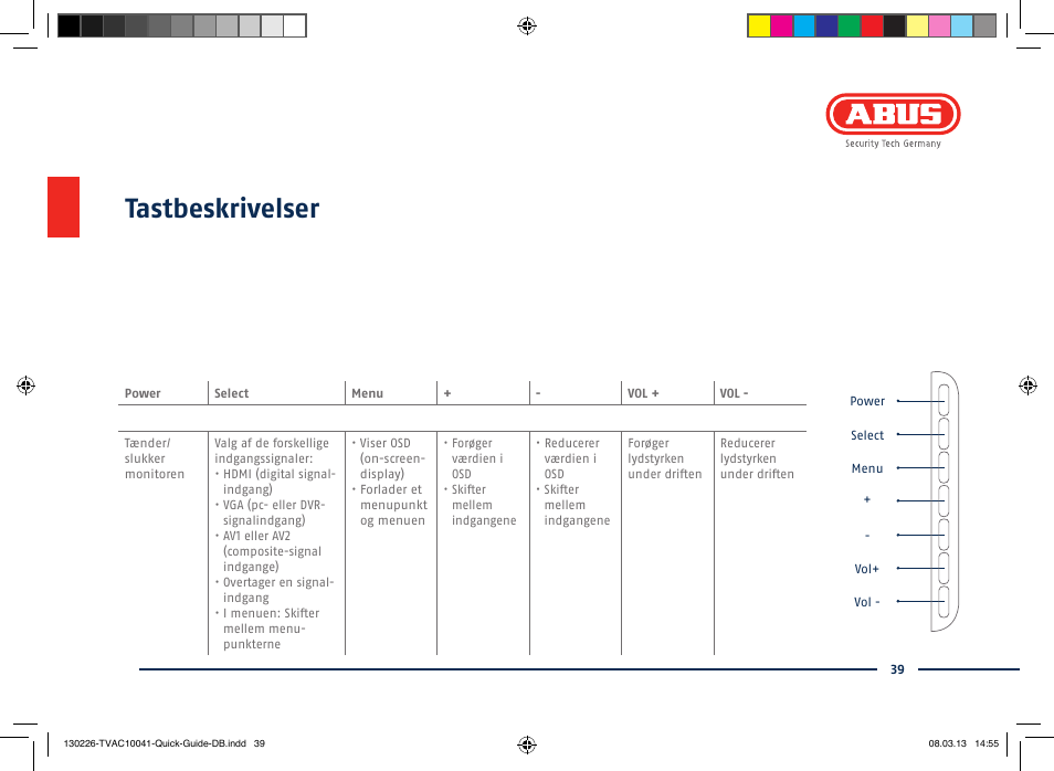 Tastbeskrivelser | ABUS TVAC10041 Quick operating instructions User Manual | Page 39 / 50