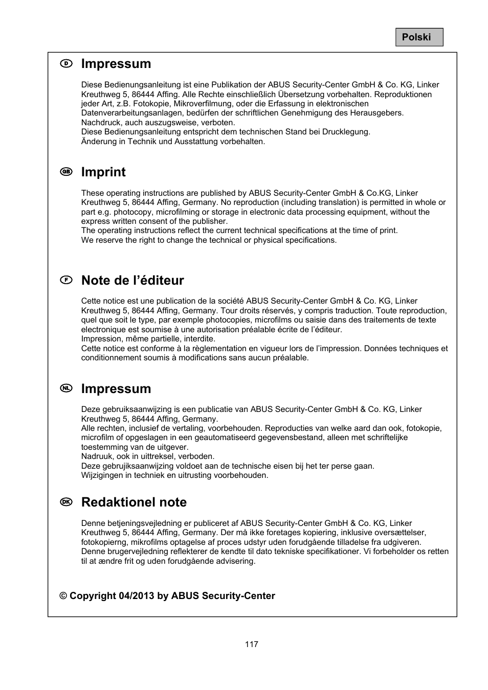 D impressum, Gb imprint, Nl impressum | ABUS TVAC10050 Operating instructions User Manual | Page 117 / 117