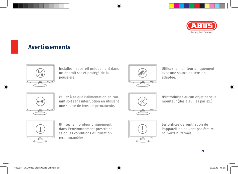 Avertissements | ABUS TVAC10050 Quick operating instructions User Manual | Page 21 / 50