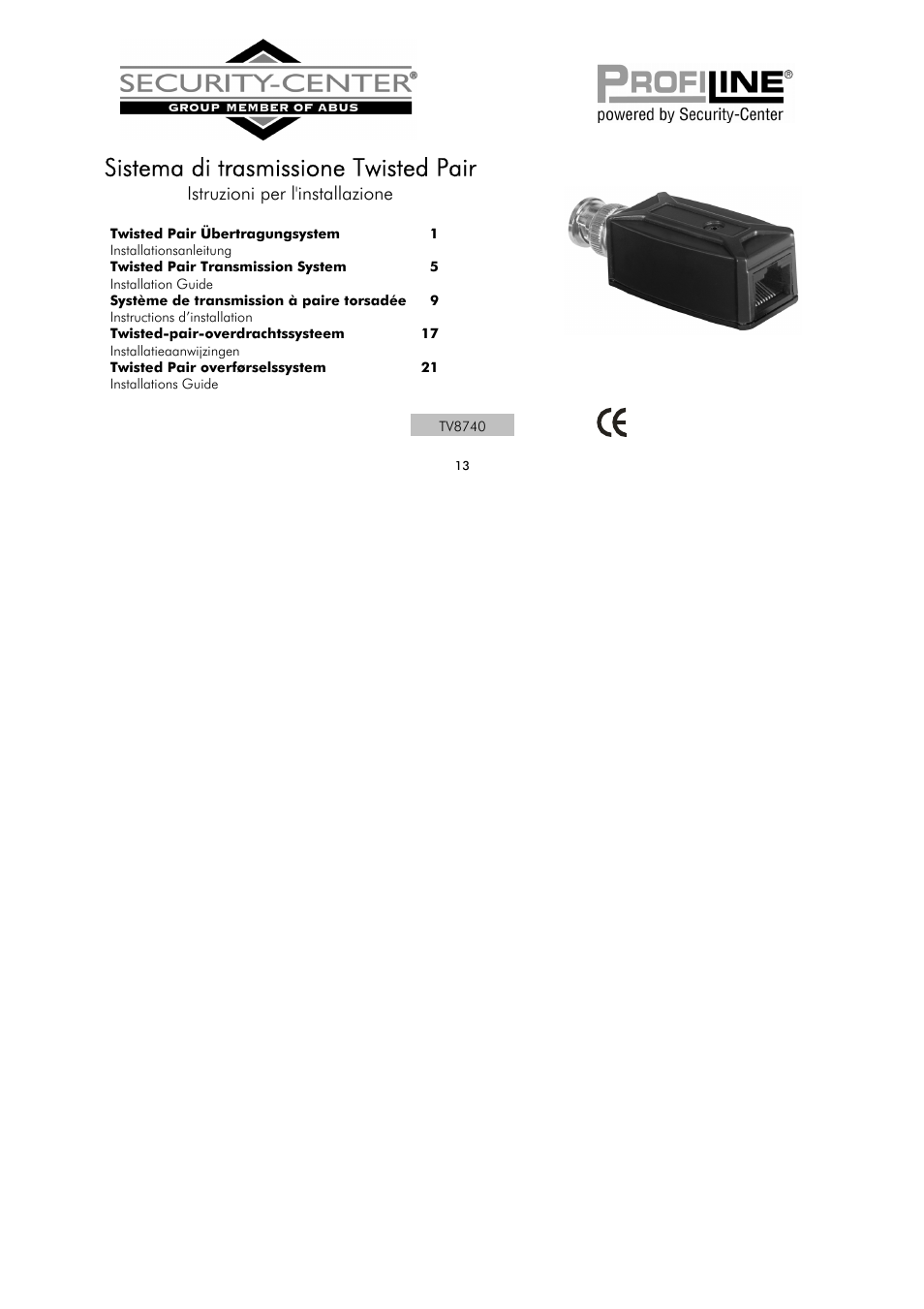 Sistema di trasmissione twisted pair, Istruzioni per l'installazione | ABUS TV8740 User Manual | Page 13 / 24