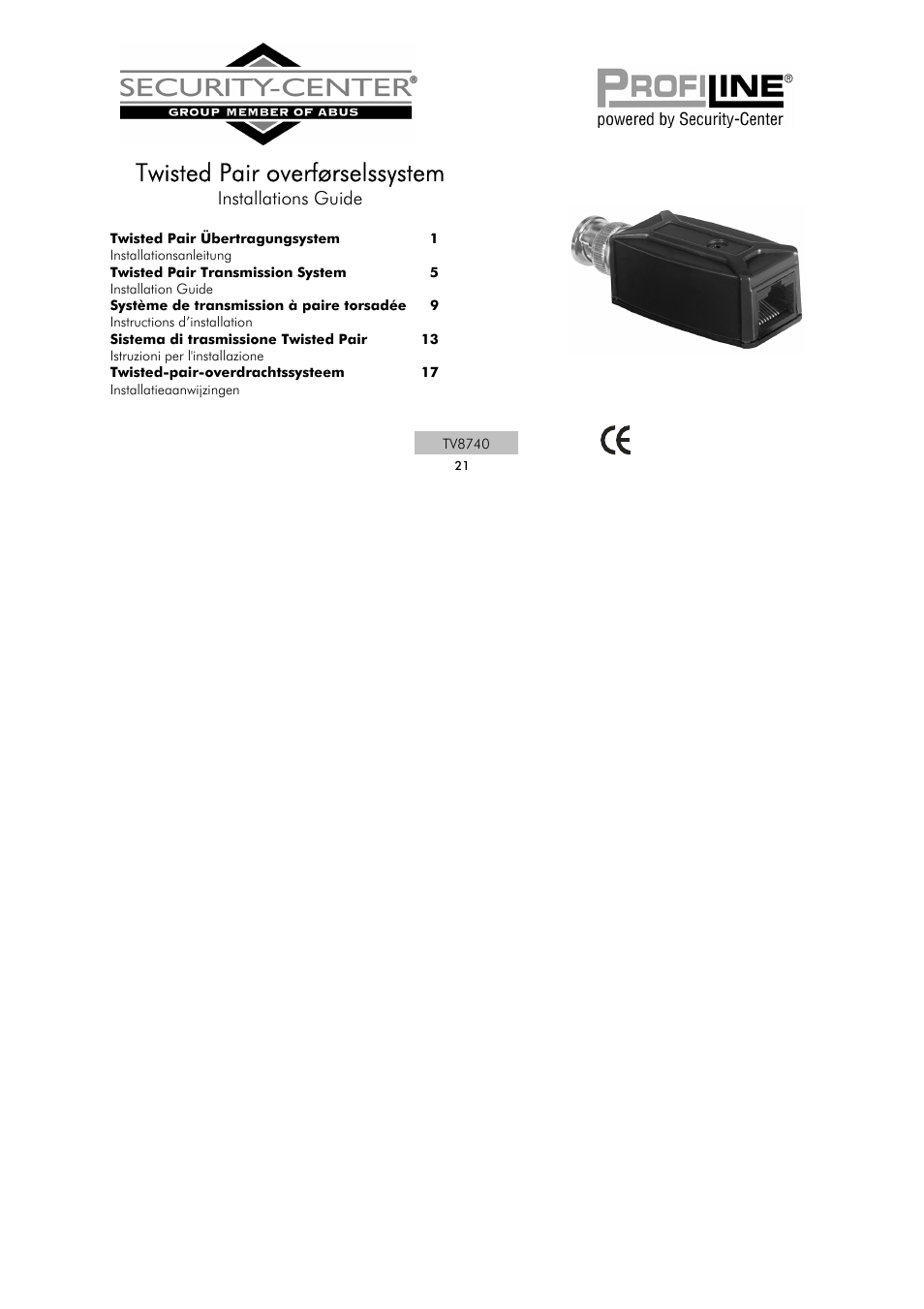 Twisted pair overførselssystem, Installations guide | ABUS TV8740 User Manual | Page 21 / 24