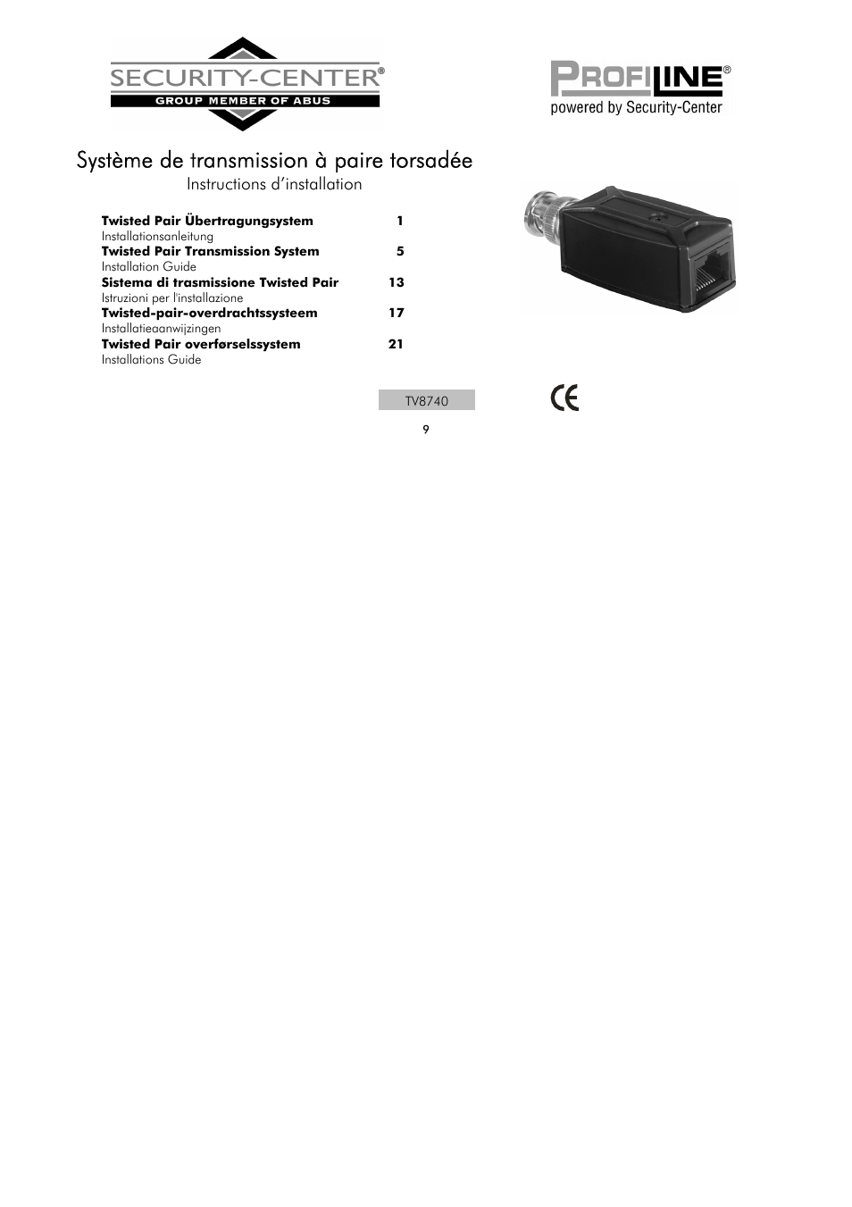 Système de transmission à paire torsadée, Instructions d’installation | ABUS TV8740 User Manual | Page 9 / 24