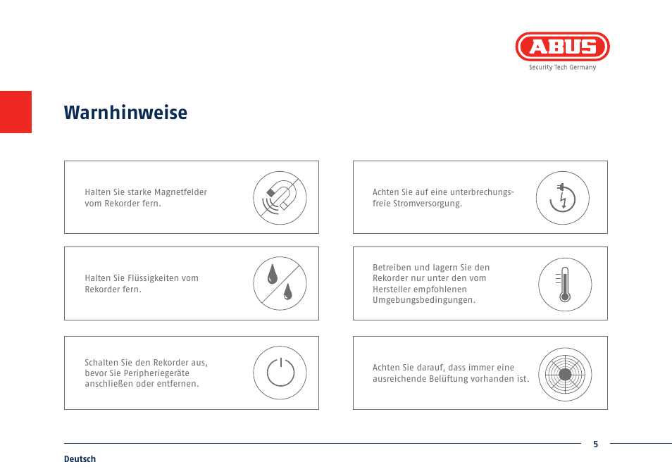 Warnhinweise | ABUS TVVR41210 Quick operating instructions User Manual | Page 5 / 87