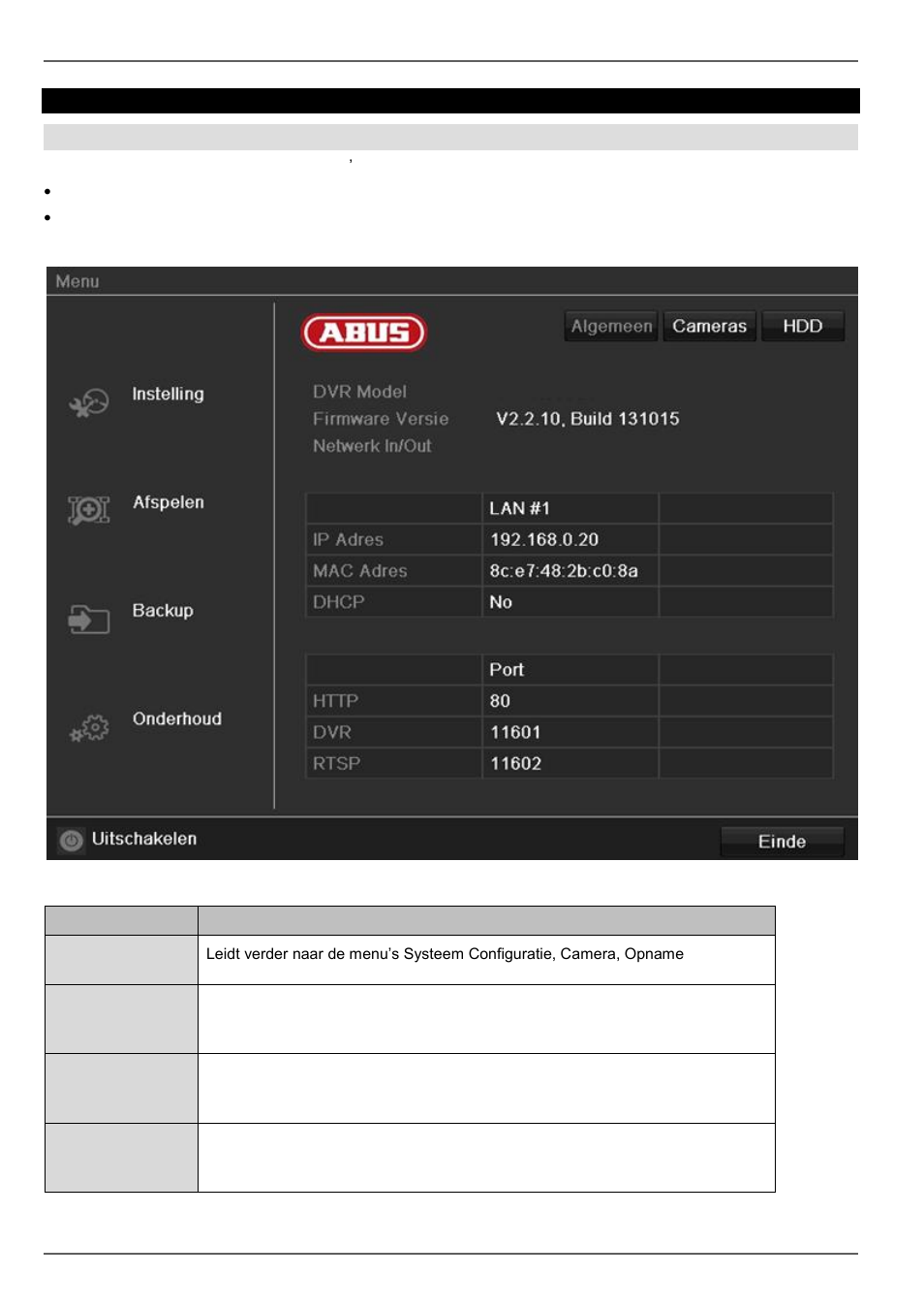 Menubeschrijving, Hoofd menu, Overzicht | ABUS TVVR41210 Operating instructions User Manual | Page 140 / 409