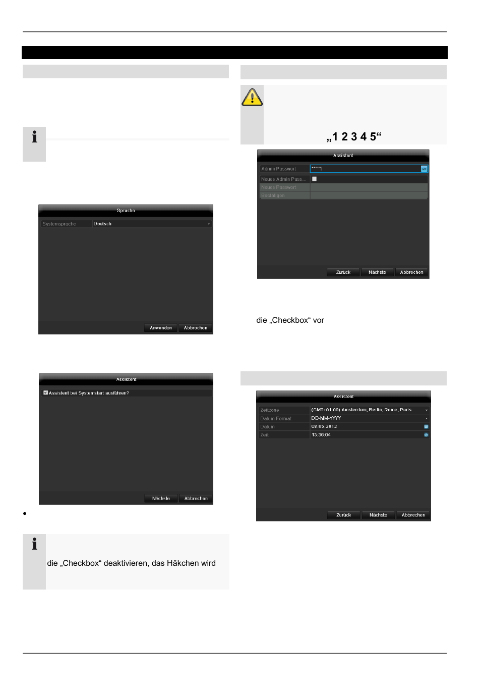 Einrichtungsassistent, System einrichten, Administrator einrichten | Systemzeit-/und datum | ABUS TVVR41210 Operating instructions User Manual | Page 16 / 409