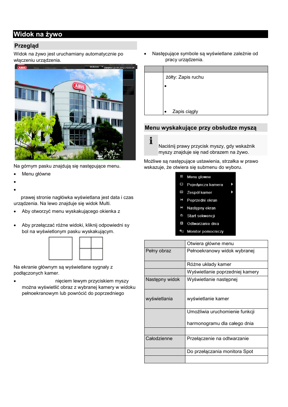 Widok na żywo, Przegląd, Symbole stanu | Menu wyskakujące przy obsłudze myszą | ABUS TVVR41210 Operating instructions User Manual | Page 310 / 409