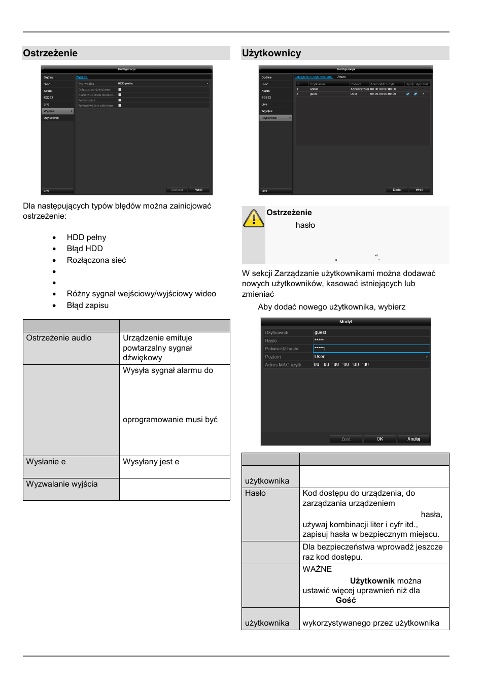 Ostrzeżenie, Użytkownicy, Konfiguracja | ABUS TVVR41210 Operating instructions User Manual | Page 323 / 409