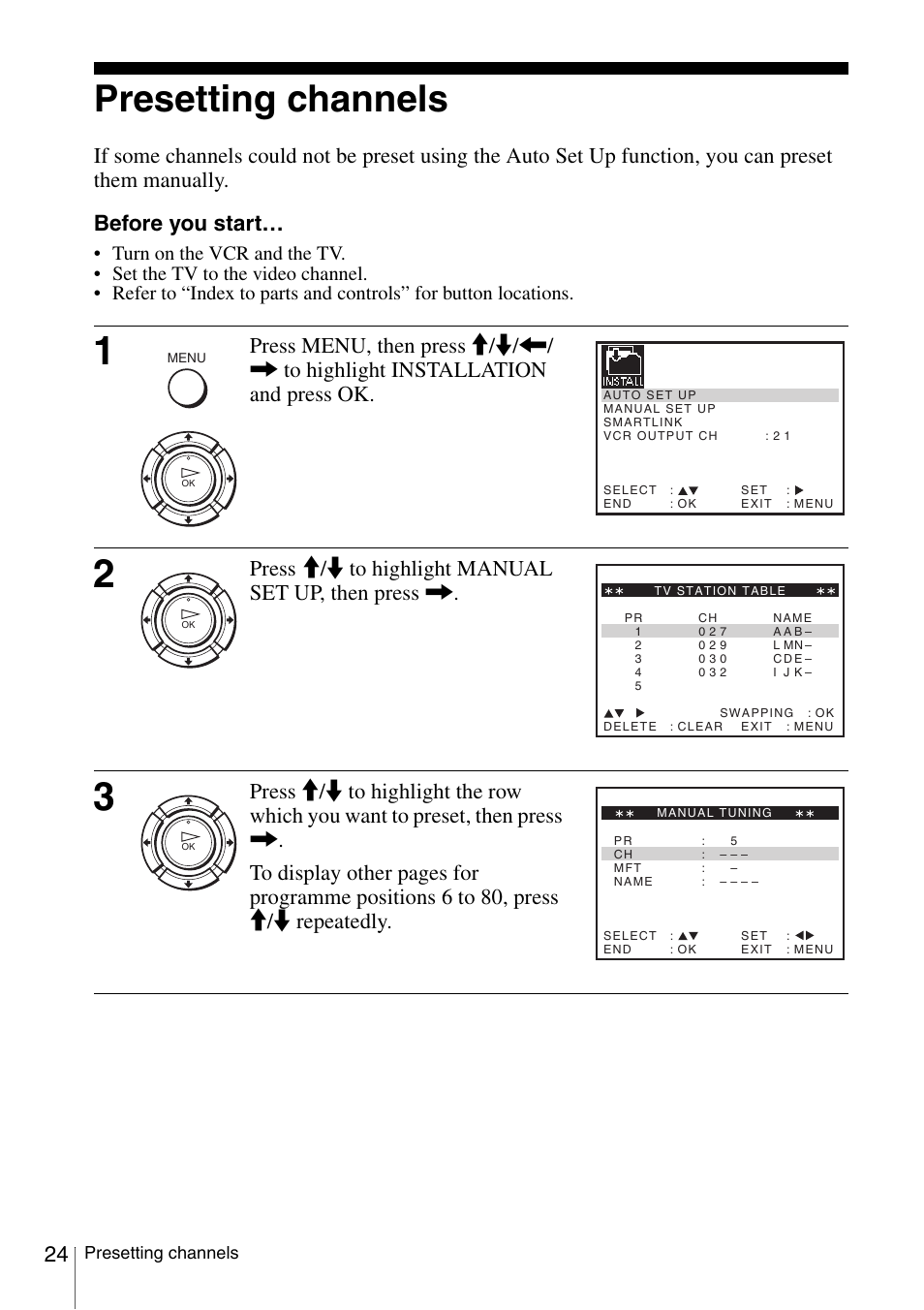 Presetting channels, Press m/m to highlight manual set up, then press | Sony SLV-SE230G User Manual | Page 24 / 76