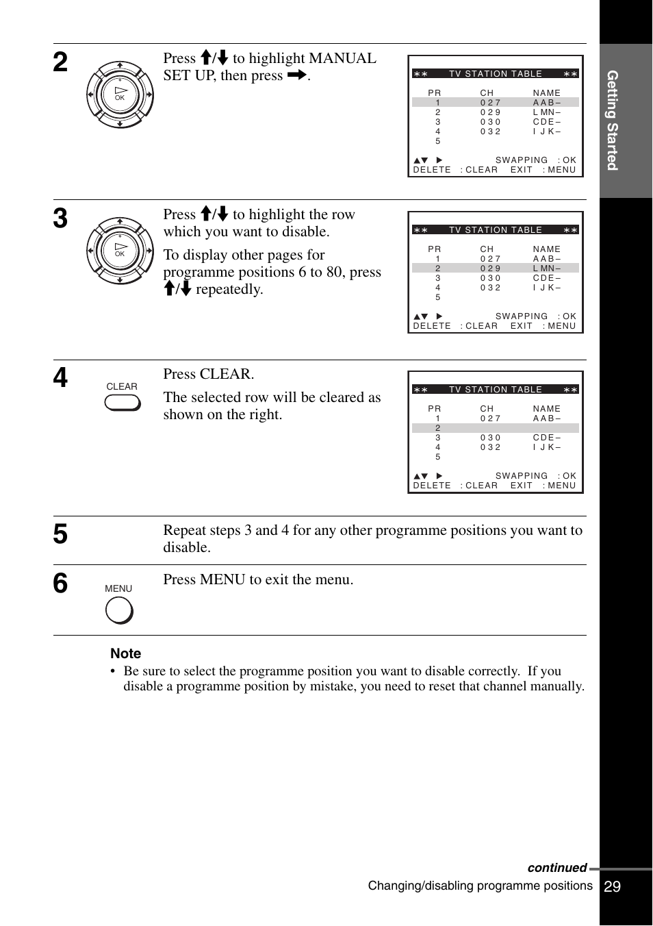 Press m/m to highlight manual set up, then press, Press menu to exit the menu, Changing/disabling programme positions | Continued | Sony SLV-SE230G User Manual | Page 29 / 76