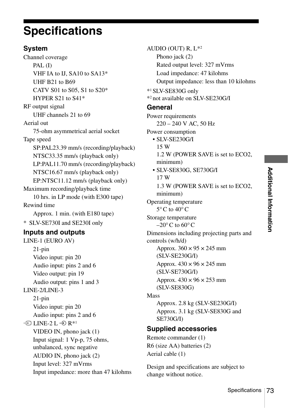 Specifications, Specif | Sony SLV-SE230G User Manual | Page 56 / 76