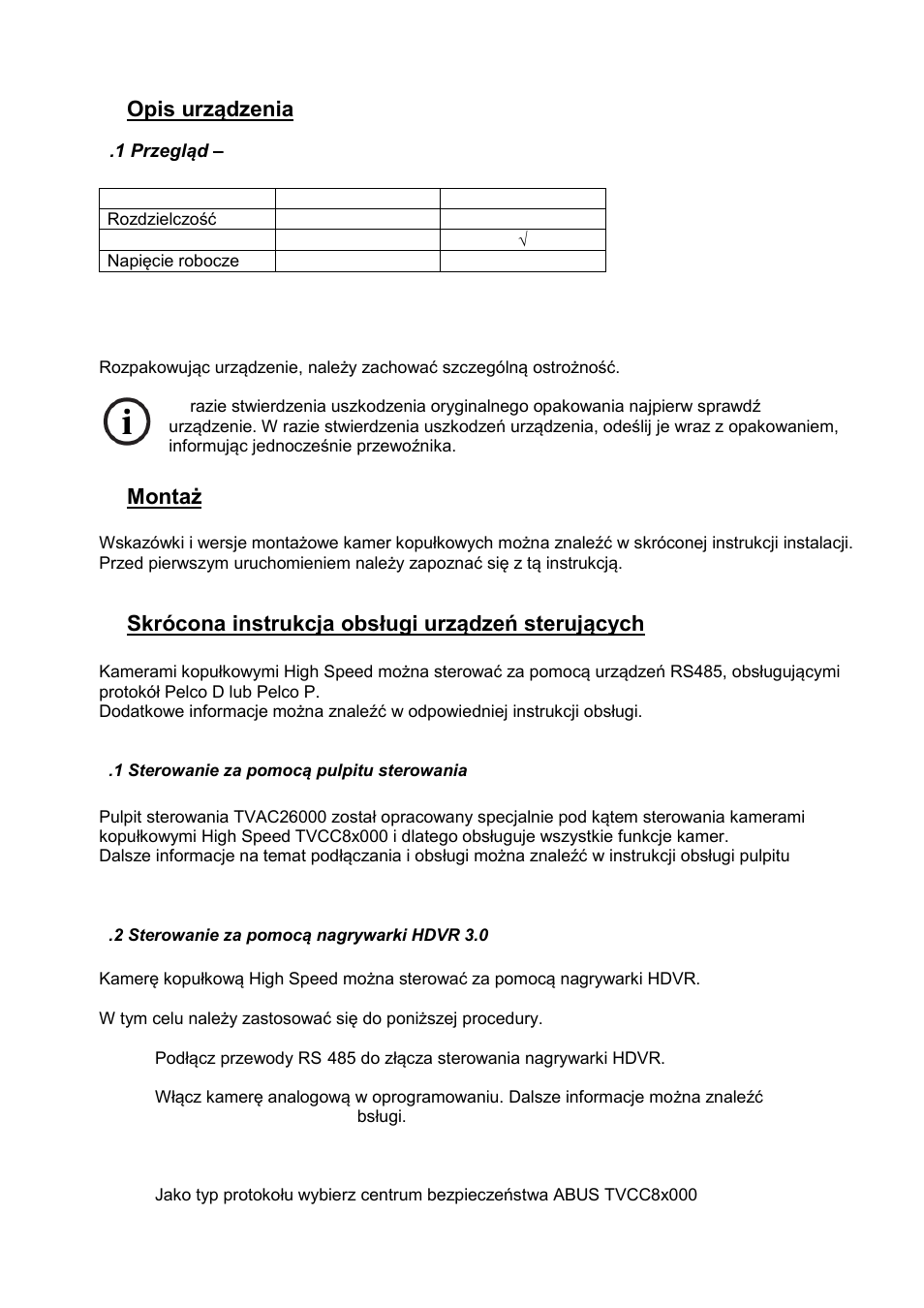 Opis urządzenia, Montaż, Skrócona instrukcja obsługi urządzeń sterujących | ABUS TVCC81000 Operating instructions User Manual | Page 121 / 139