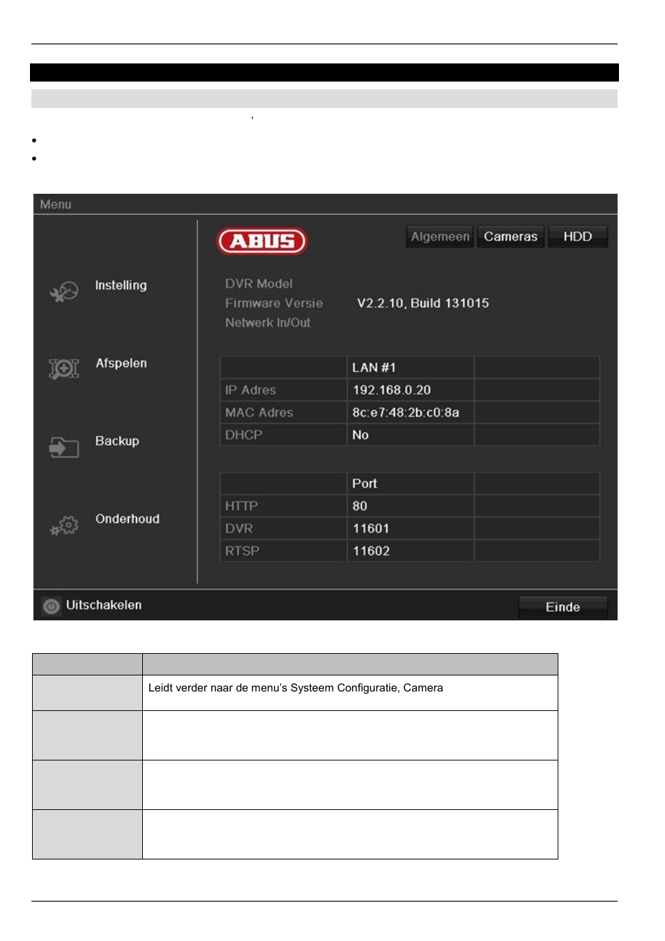 Menubeschrijving, Hoofd menu, Overzicht | ABUS TVHD80110 Operating instructions User Manual | Page 139 / 408